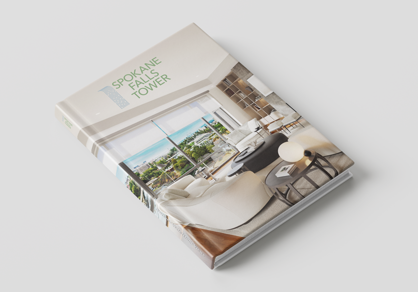 Spokane Falls Tower luxury real estate brochure featuring modern living room interior with panoramic city and river views
