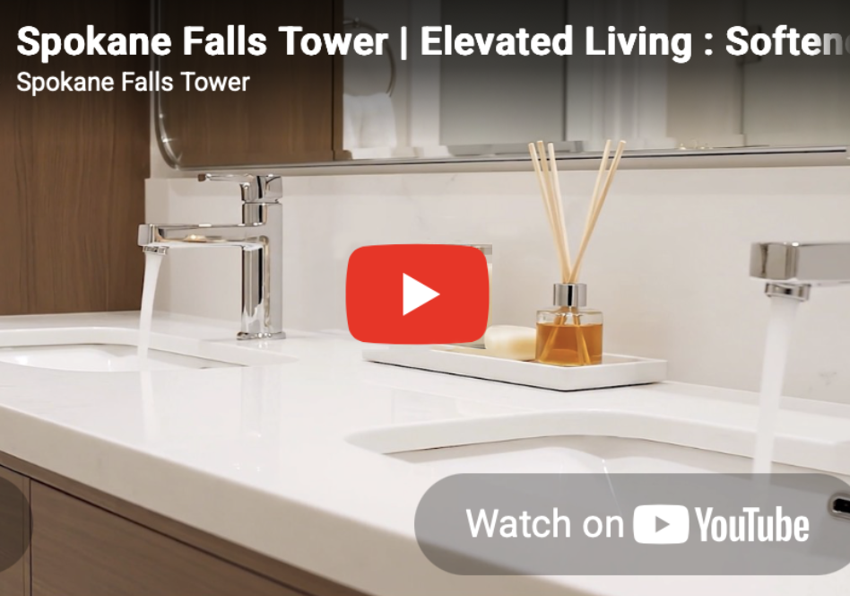 Spokane Falls Tower soft water video thumbnail highlighting building-wide water softening benefits for residents.